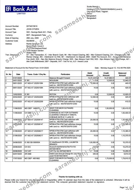 Bangladesh Bank Asia account statement Word and PDF template
